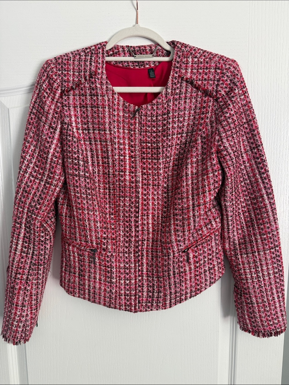 Women’s Pink Tweed Collarless Jacket